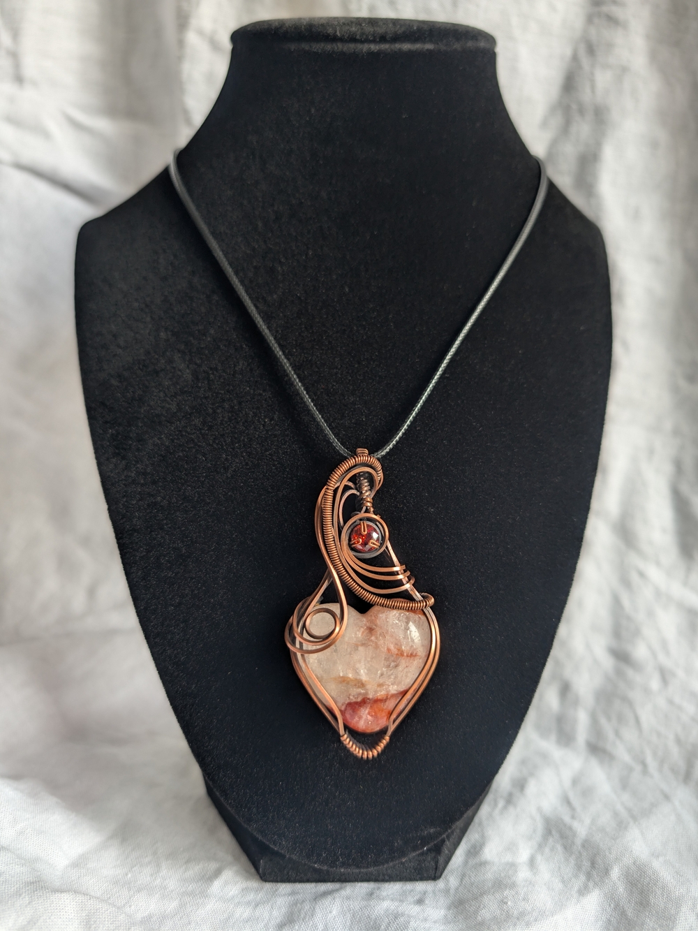 Handmade Fire Quartz & Faceted Red Garnet Wire Wrapped Heart Pendant Necklace